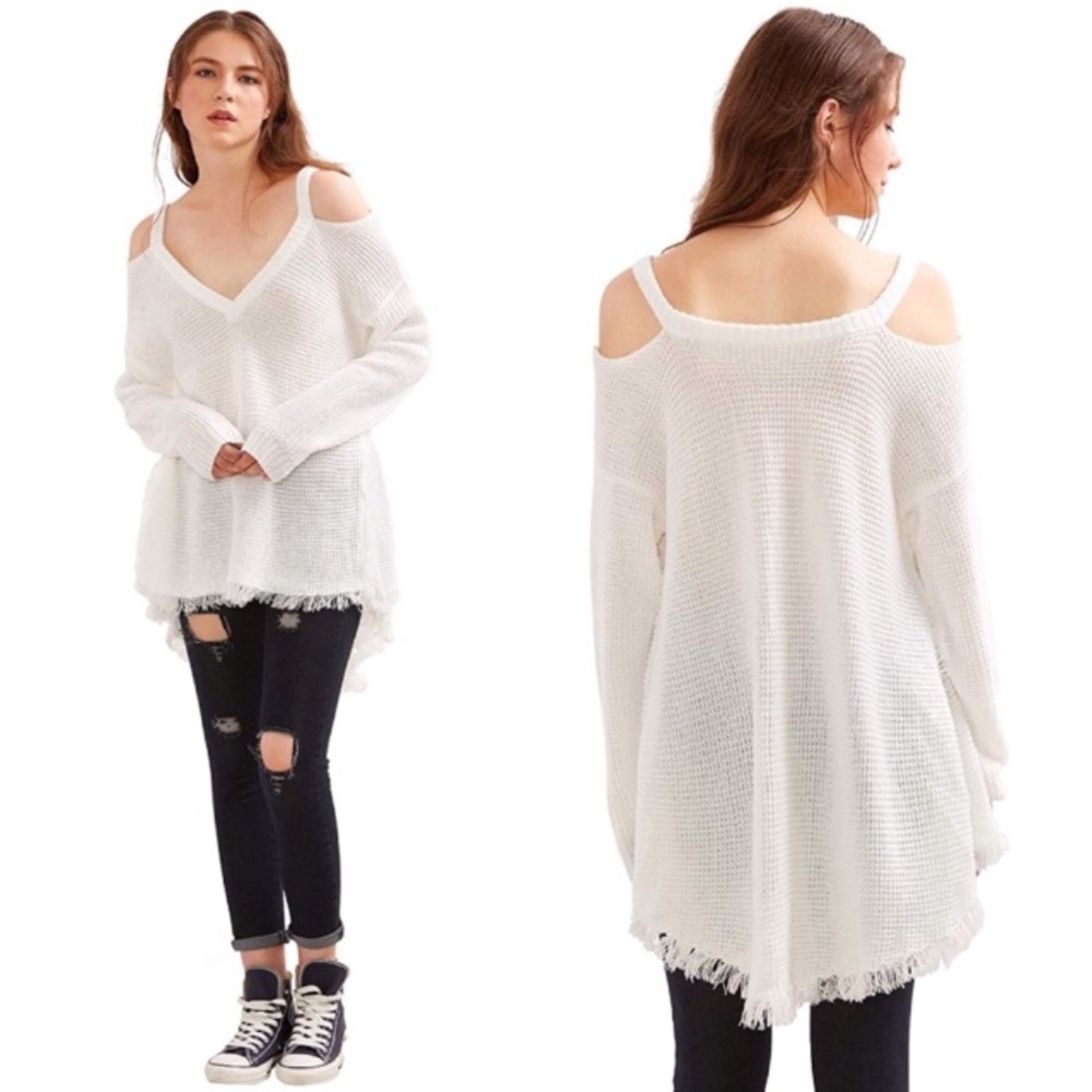 High Low Cold Shoulder Fringe Trim Waffle Knit Sweater Snow White - Picture 2 of 7
